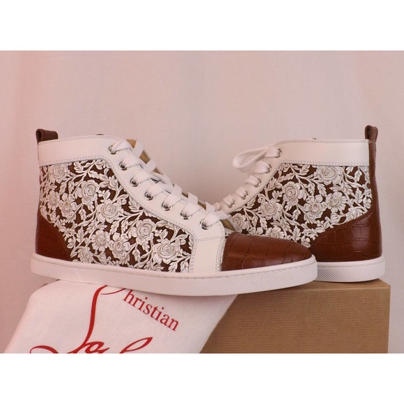 LOUBOUTIN BIP BIP LASER CUT FLORALS TAN CROC PRINT LEATHER HI TOP SNEAKERS 38 - Picture 4 of 12